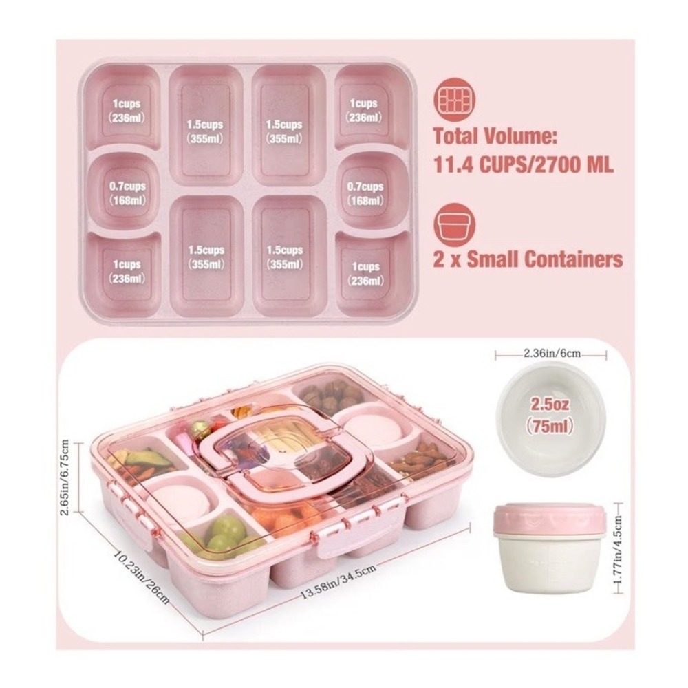 Caperci Snackle Snack Box Large 10-Compartment Tray Sauce Cup- Pink NEW